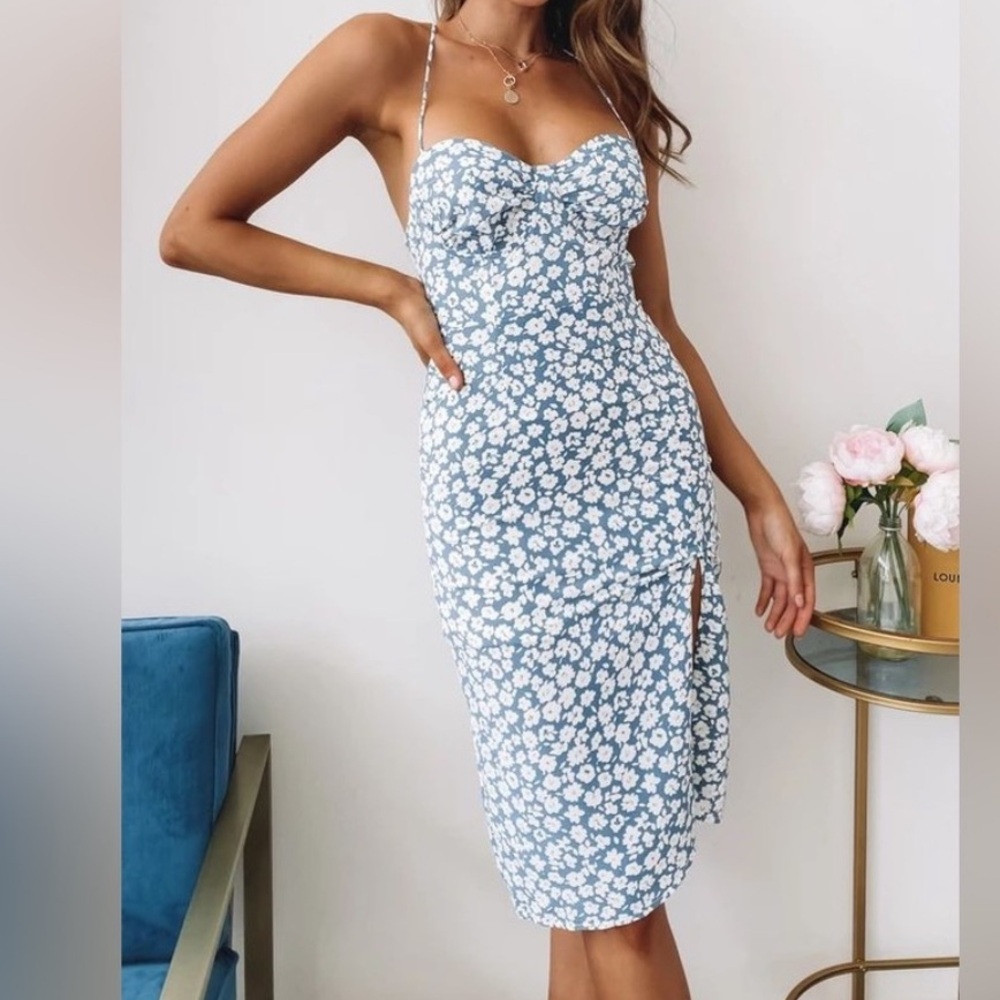 Beginning Boutique Ditsy Floral Blue & White Strapless Midi Dress